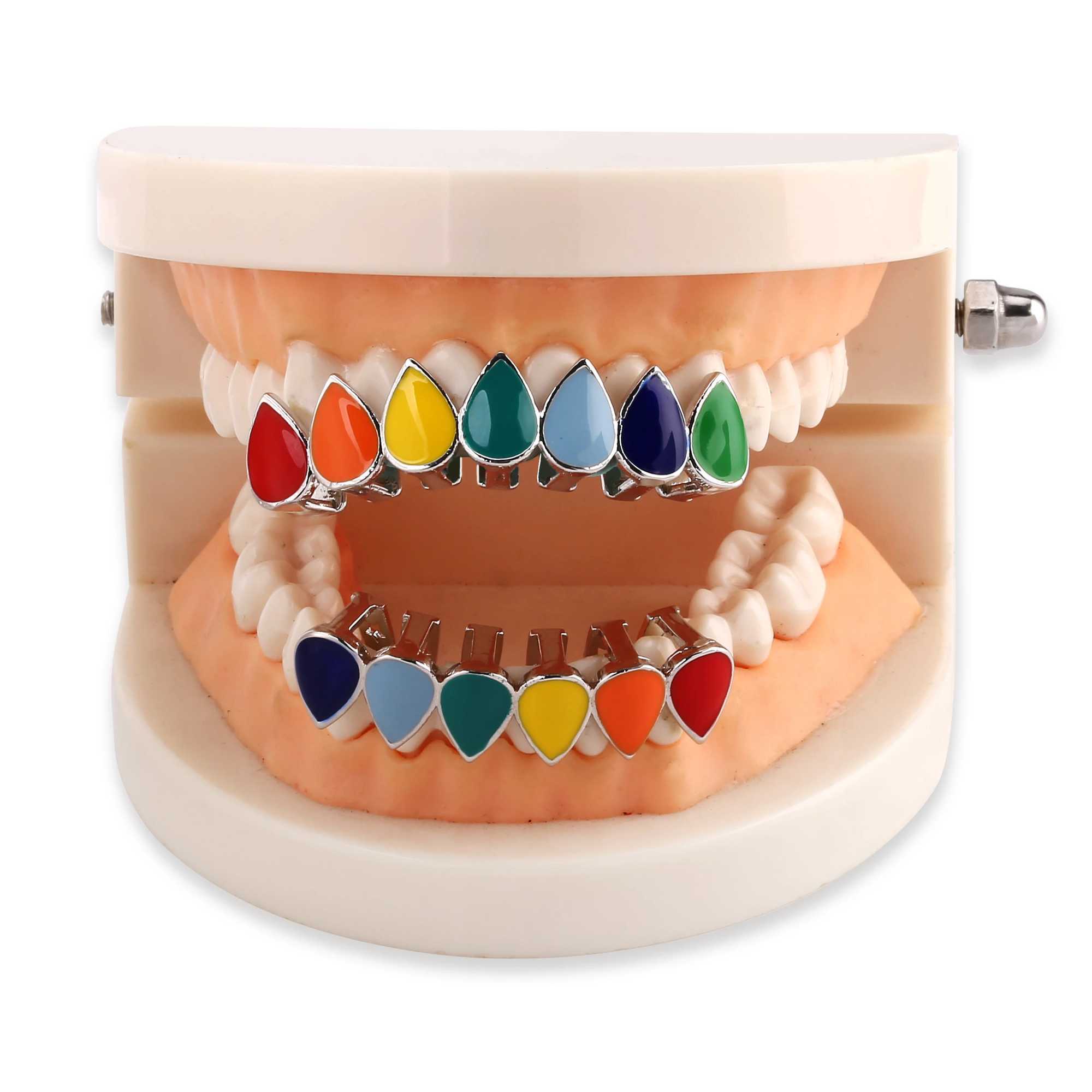TOPGRILLZ Hip Hop Rainbow Fans Teeth Grillz Top and Bottom Gold Silver Grillz Dental Halloween Vampire Teeth Grillz Set Gift W250412