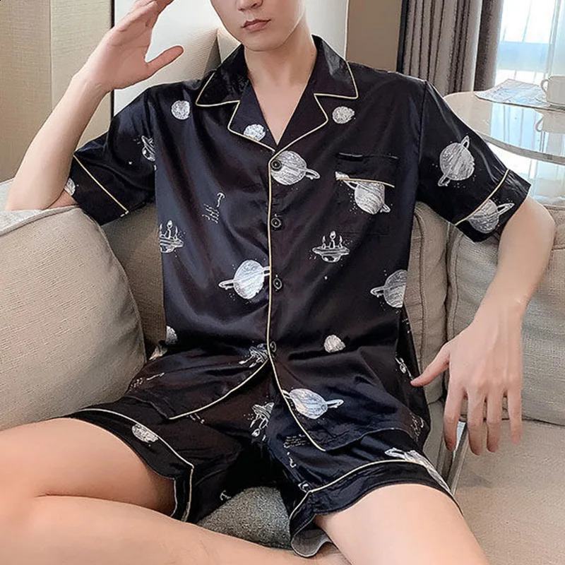 Mens Pajama Set Summer Pajama Ice Silk Short Sleeve Pajama Set Loose Casual Mens L-5XL 250411