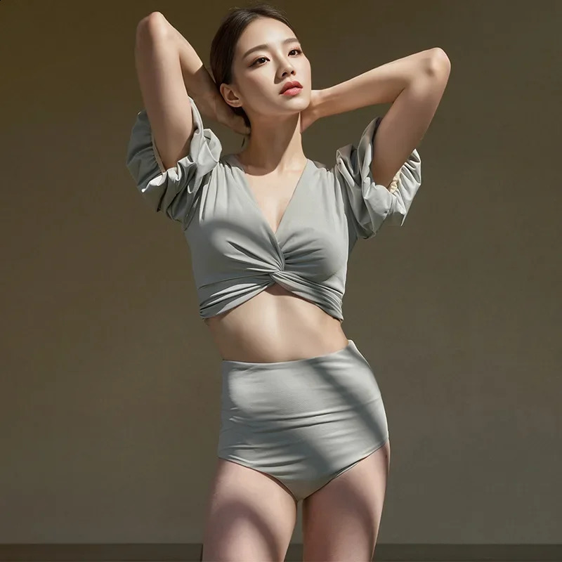 Elegant Bubble Sleeve High Waist Bikini Set Womens Deep V Sexy Small Chest Gathered Swimsuit Short Sleeve Two Piece Swimwear 250411