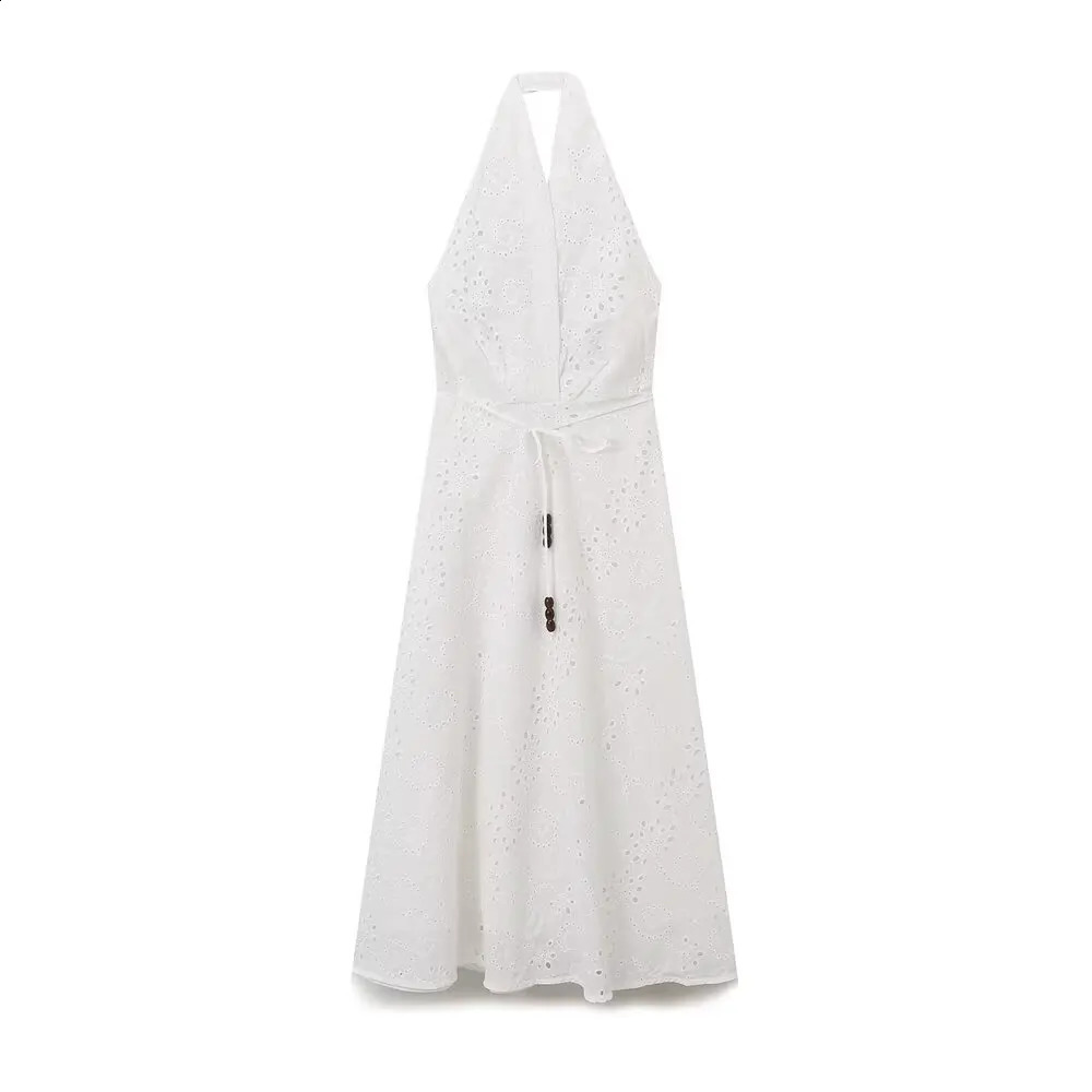 ZBZA Womens Embroidered Hollow Dress with Strap Collar Sleeveless Waist Tie A-line Midi Skiing Spring/Summer Fashion Long Skiing 250408
