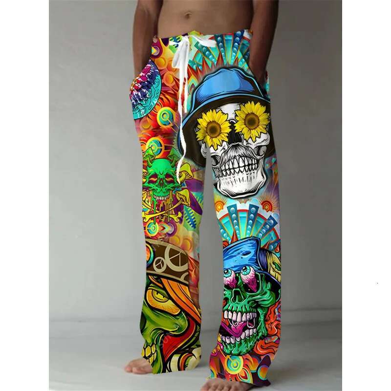 Men'S Summer Fashion Casual Pants Comfortable Loose-Fit 3D Skull Print Polyester Trousers Suitable For Outdoor Activities