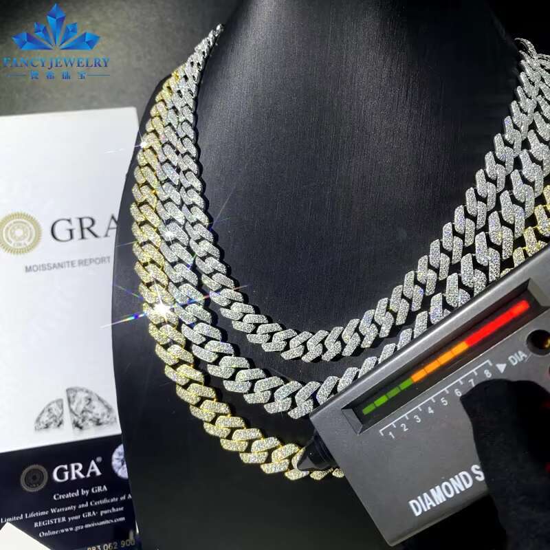 Custom Hip Hop Necklace Jewelry 925 Silver Yellow Solid Gold VVS1 Moissanite Diamond Iced Out 12mm 15mm 20mm Cuban Link Chain