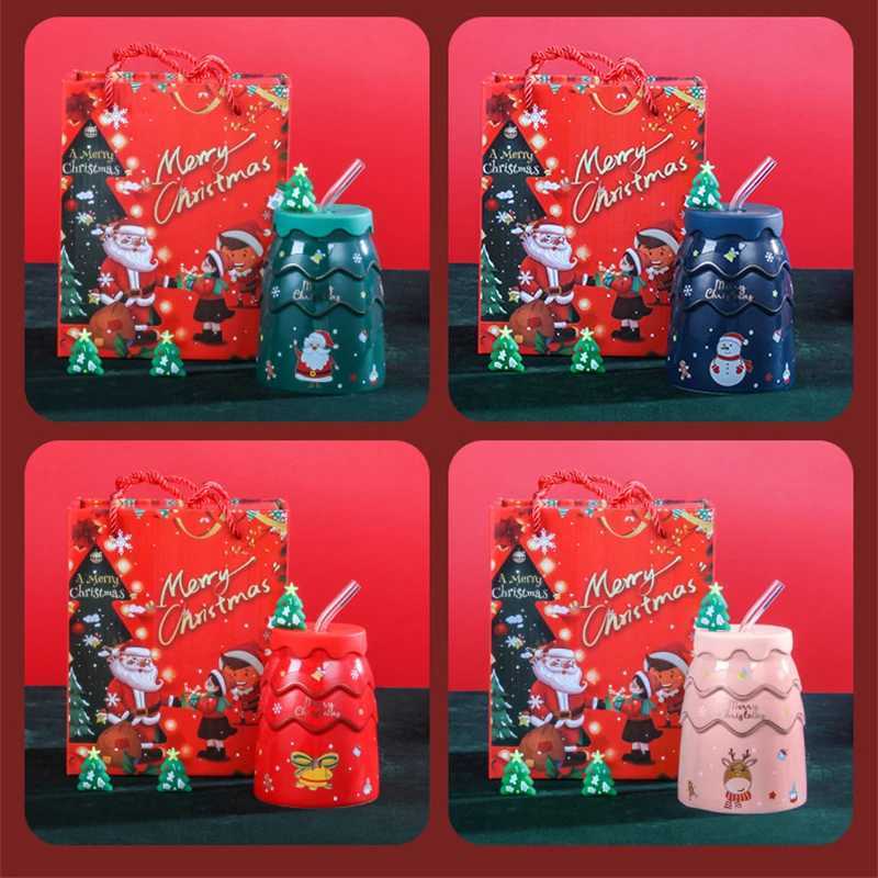 Christmas Creative Christmas Mugs Cartoon Xmas Tree Shape Santa Claus Elk Snowman Bell Ceramic Cup with Lid and Straw Coffee Mug Xmas Gift Y251112