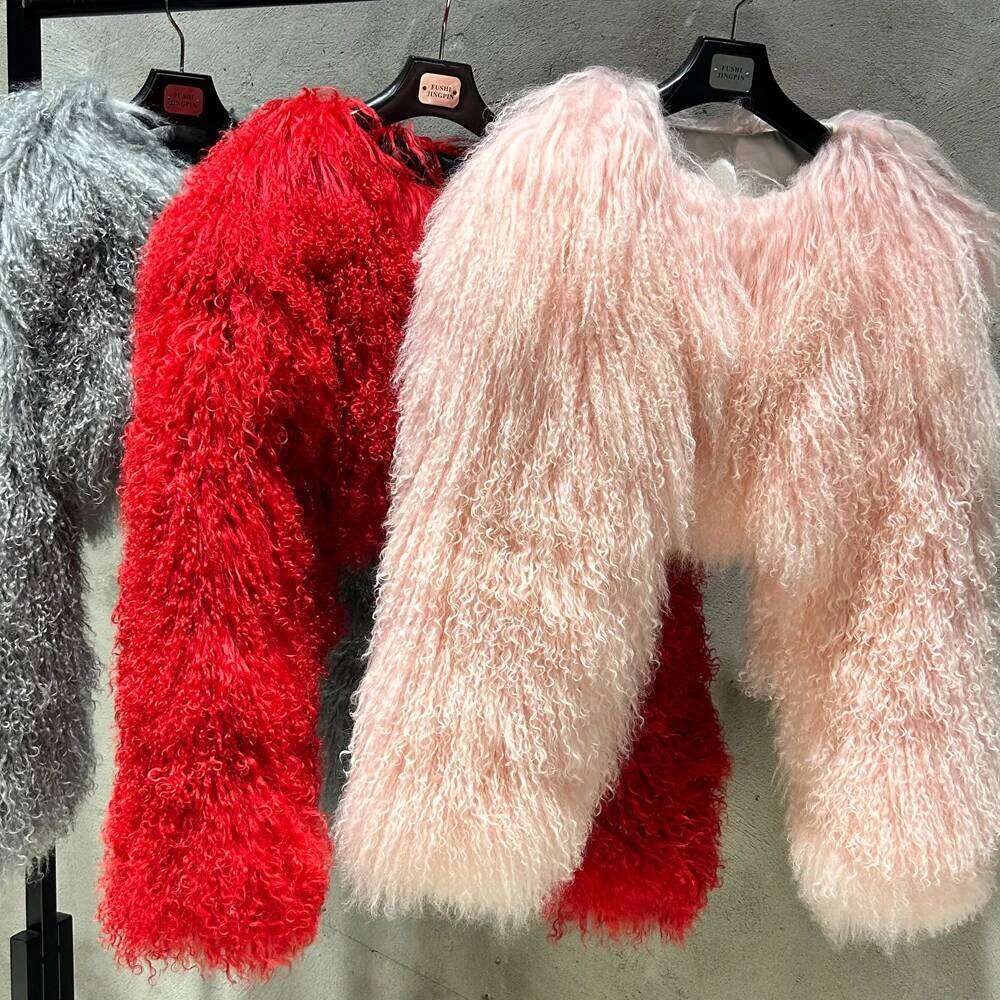Designer Clothes Pink Cropped Mongolian Warm Curly Jacket Winter Natural Sheep Fur Coat Hot Selling
