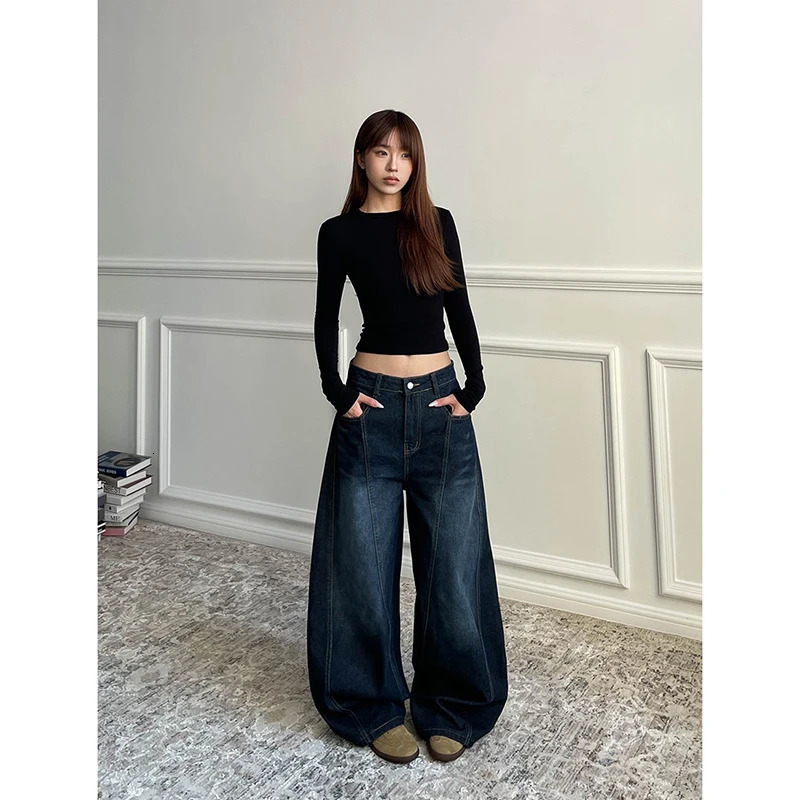 Blue Womens Retro Y2K 2000s Wide Leg Baggy Casual Denim Trouser High Waist Loose Jeans Autumn Harajuku Full Length Pants Z260313