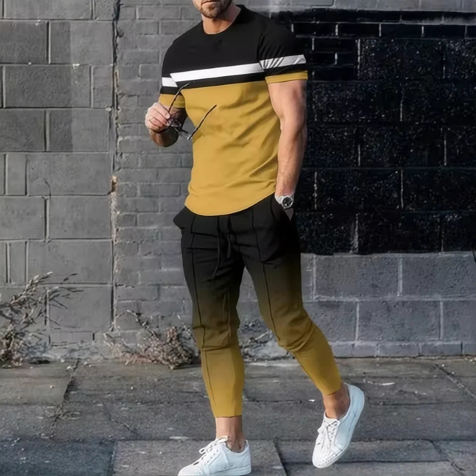 Summer fashion mens T-shirt set 3D printed sports shirt short sleeved T-shirt long sleeved pants 2-piece set 250411