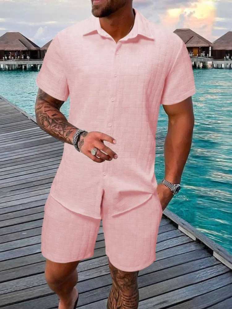 2025 Summer Mens Leisure Day Outdoor Travel Solid Color Jacquard Collar Short Sleeve Drawstring Shirt Two Piece SetXJ250412