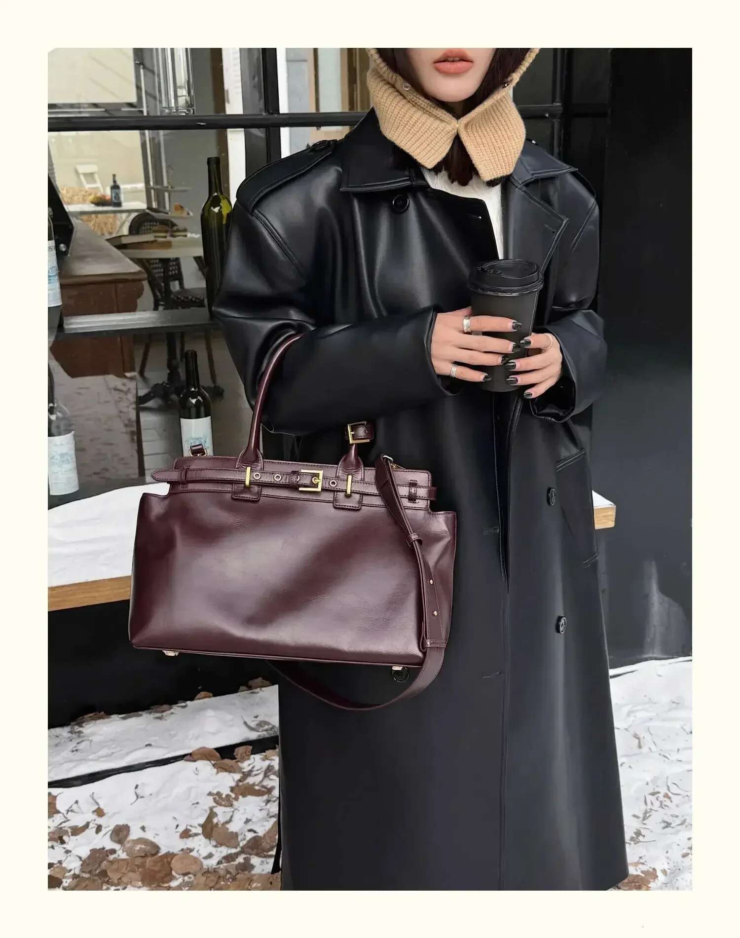 Designer High-End Oil Wax Cowhide Leather / Suede Women Satchels Tote 2 Size Coffee Winter Retro Female Shoulder Bag Big