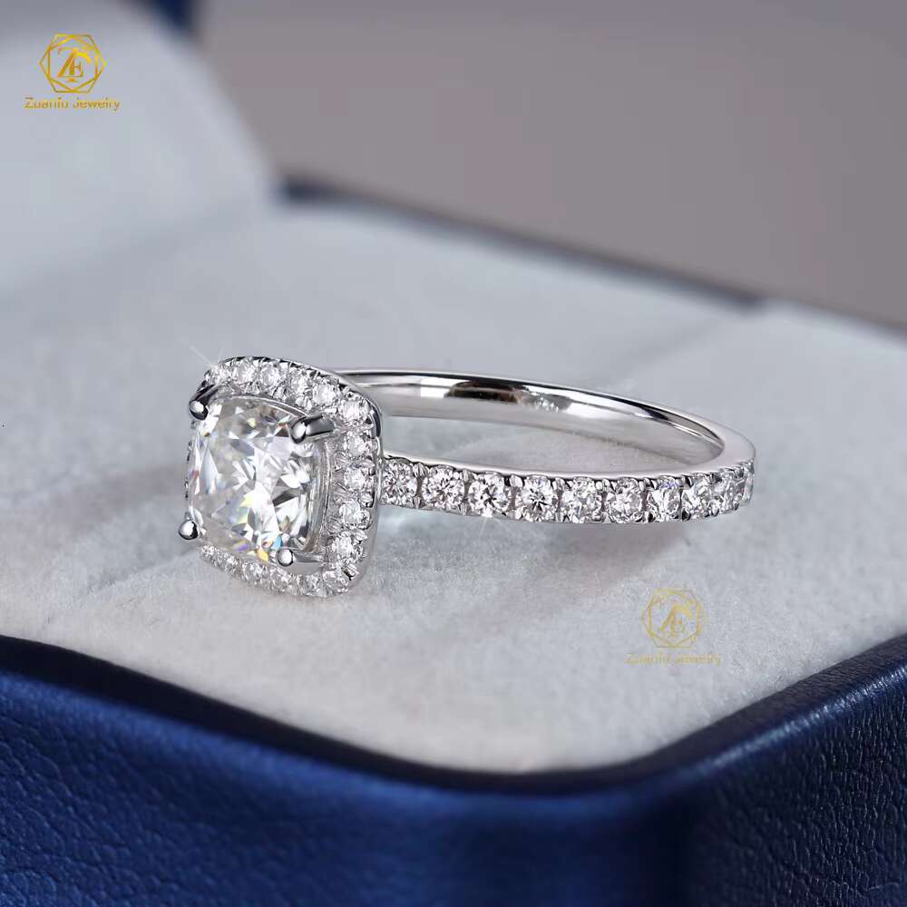 2ct Cushion Moissanite Rings Factory 14k 18k Gold Halo Ring 7X7MM D VVS1 Moissanite Engagement Wedding Ring