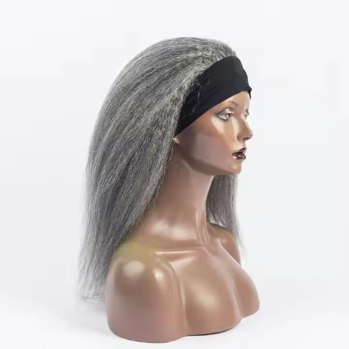 Grey Kinky Straight Headband gray Hair head band Wigs for Black Women 12A Salt and Pepper Human Hair Wig