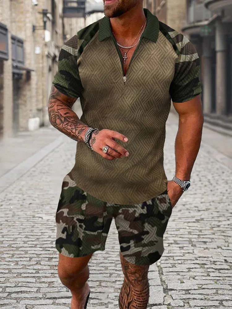 Summer Pattern 3D Print Mens Tracksuit Set Casual Zipper Polo Shirt And Shorts 2pcs Sets Fashion Streetwear Man Cloth 250409