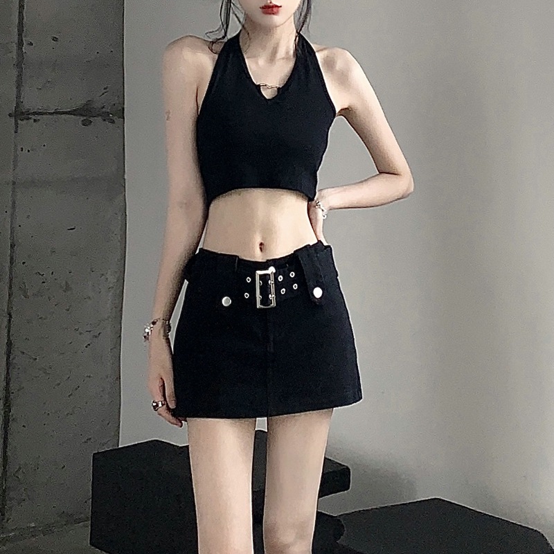 X123 denim skirt half skirt women high waist skirt short skirt design belt skirt vest