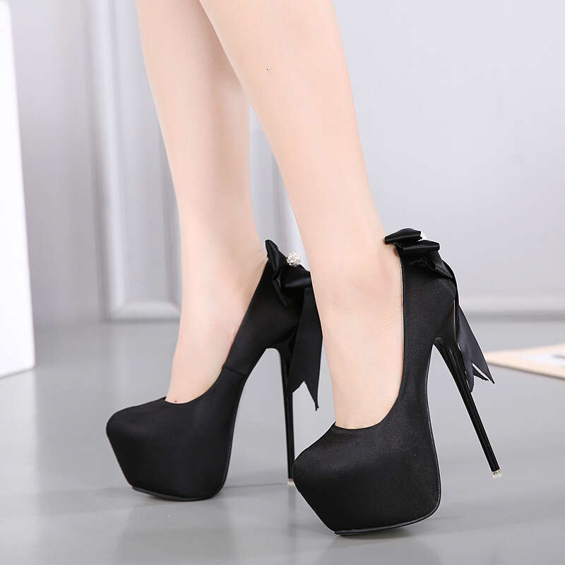 46 size women's shoes, 2025 Spring and Autumn new item, 16CM silk, large bow, rhinestone, high-heeled, slim follow-up shoes