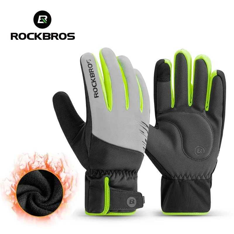 ROCKBROS Cycling Gloves Winter Windproof Keep Warm Reflective Gloves Thickened Palm Pad Touch Screen Night Cycling Glove MTB MenC250412