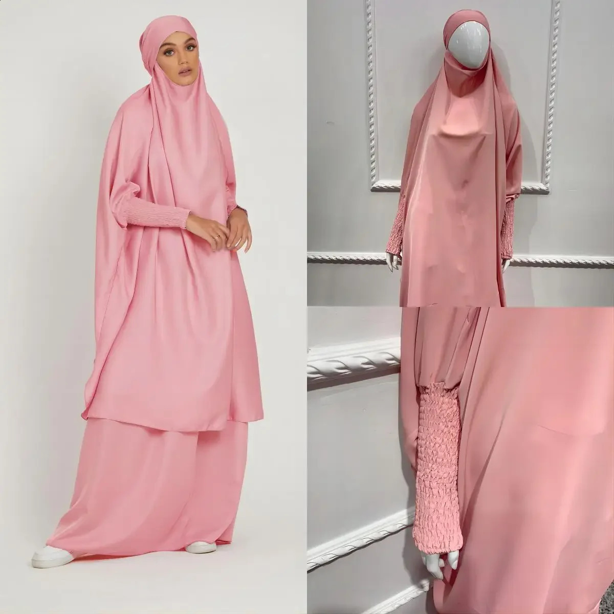 Muslim kimono twopiece Jilbab prayer set Abaya female batwing headscarf dress Kaftan robe long Khimar Islamic cloth Ramadan 250411
