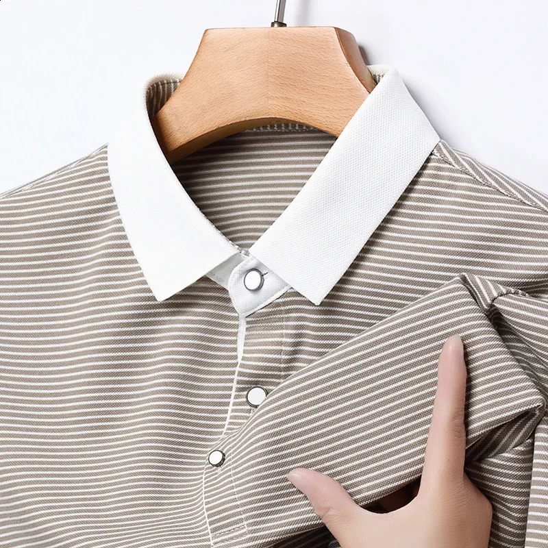 mens striped cotton business casual short sleeved polo shirt fashionable short sleeved comfortable breathable top 250411