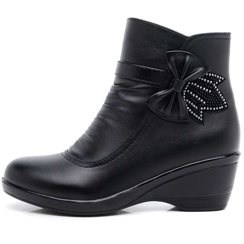 2025 New Bow Leather Boots Microfiber Women's Ankle Black Designer Fashion Zipper Warm Winter Shoes