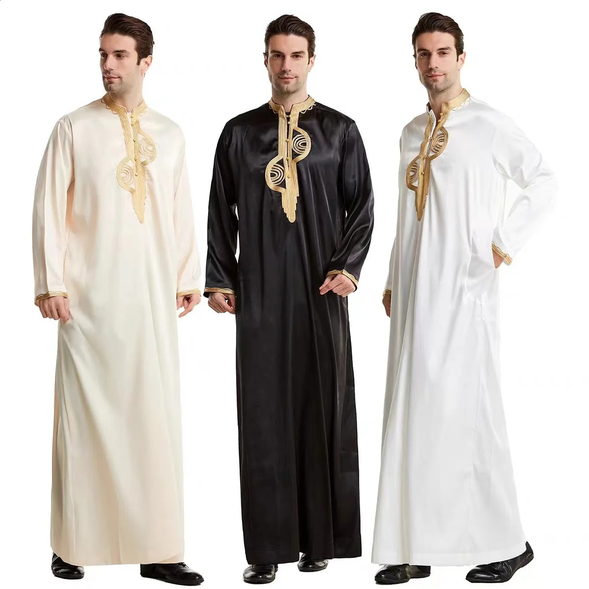 Muslim Fashion Men Jubba Thobes Arab Pakistan Dubai Kaftan Abaya Robe Islamic Clothing Saudi Arabia Black Long Shirt Dress 250411