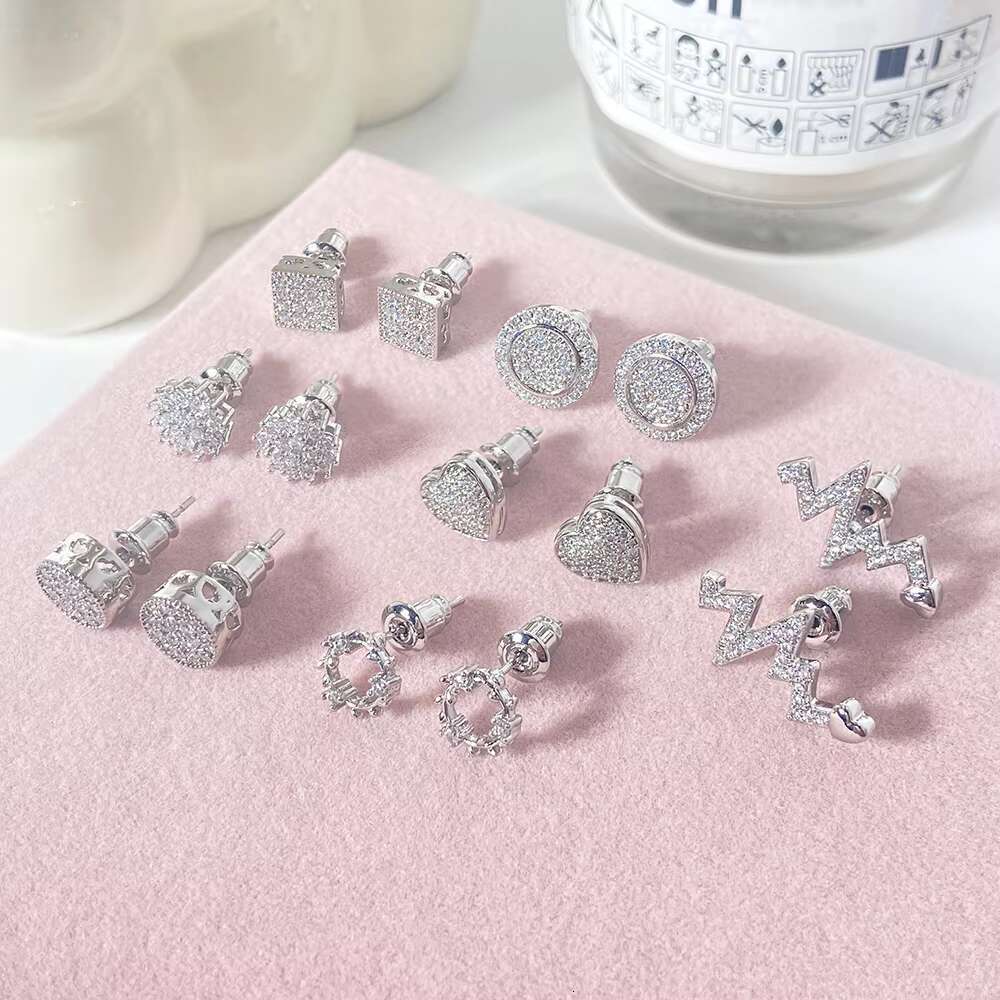 Korean square Shape Sier Zircon Cz Pave Setting Gold Plated Stud Earrings for Women