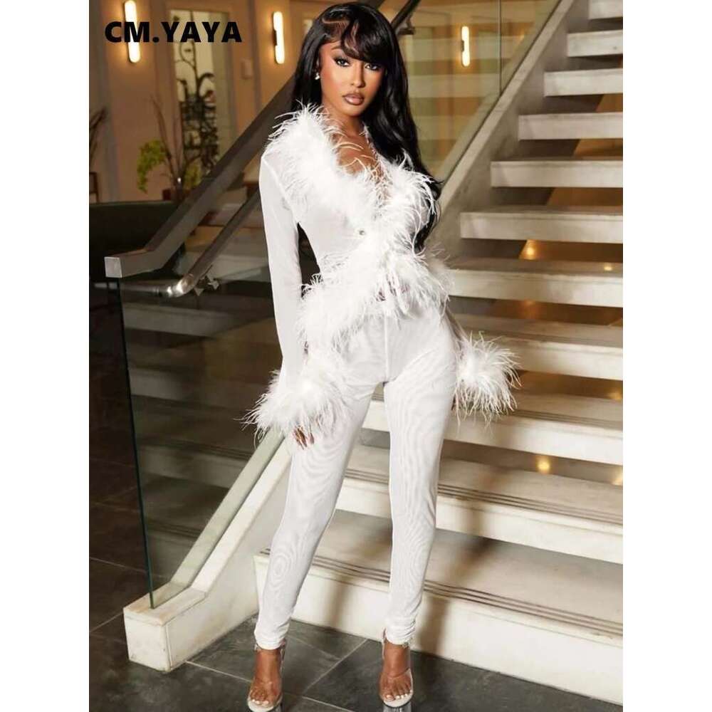 Cm.Yaya Fashion Mesh See Though Women's Set Feather Side Long Sleeve Crop Top And Legging Pants 2025 Sexy Two 2Piece Sets Outfit