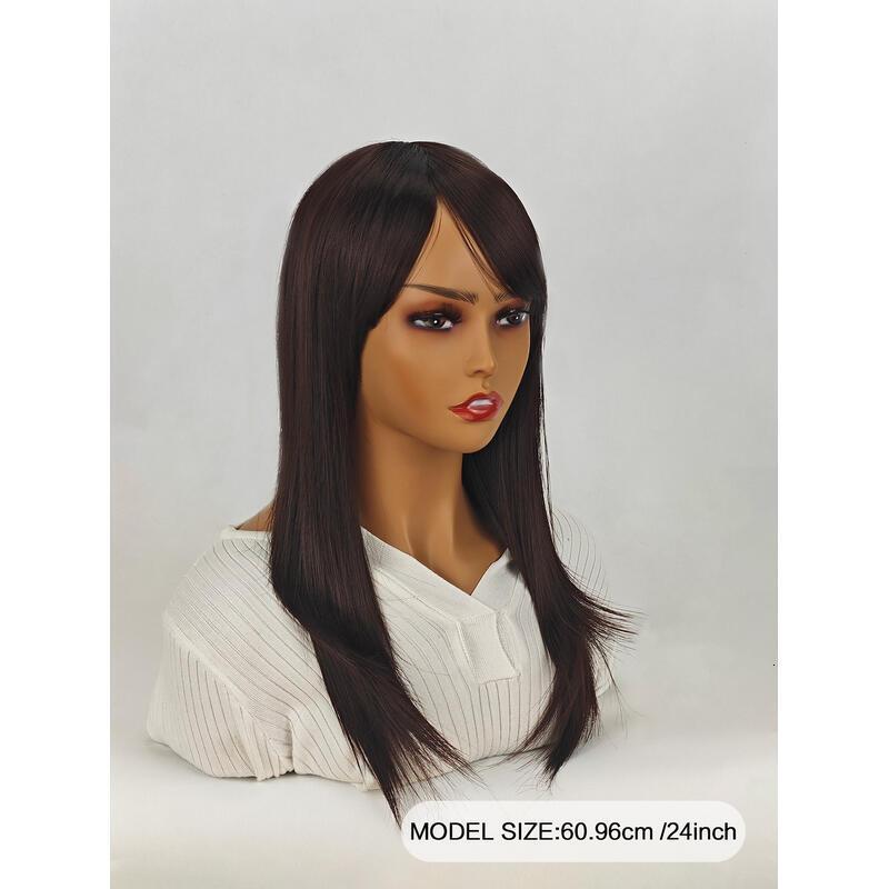 Long Medium Women,Medium Brown Wigs with Bangs Layered Shoulder Length Synthetic Wig for Daily Party (24 inch)