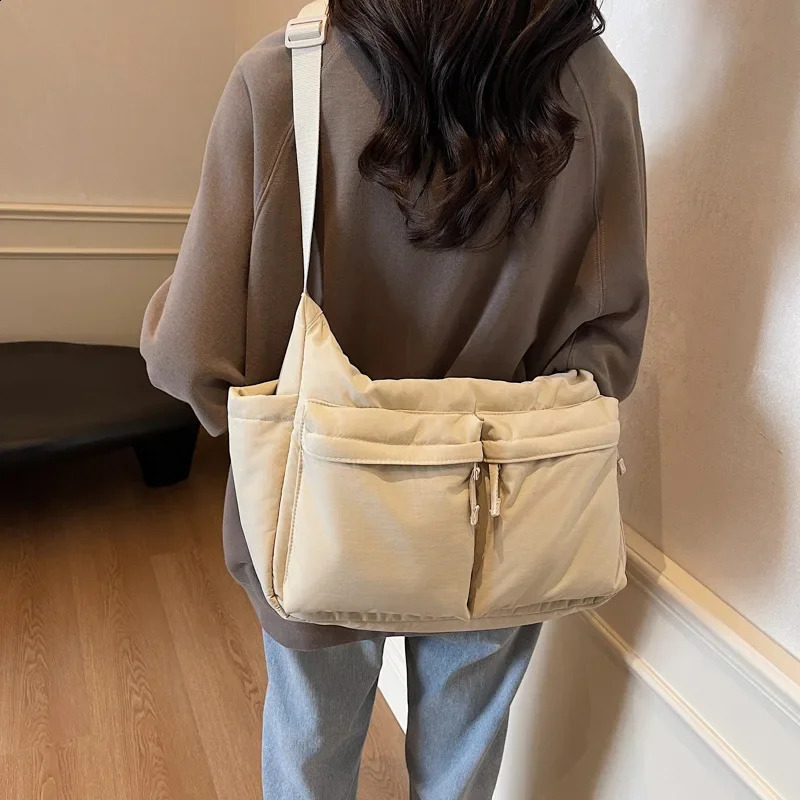 Large capacity nylon messenger bag womens waterproof casual cross shaped bag multi pocket workwear style single shoulder bag 250411