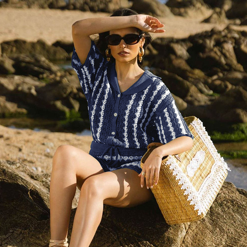 Elegant Fall Season Ladies' Costume Ensemble Featuring Vibrant Striping for Special Occasions---NBL105 blue and white