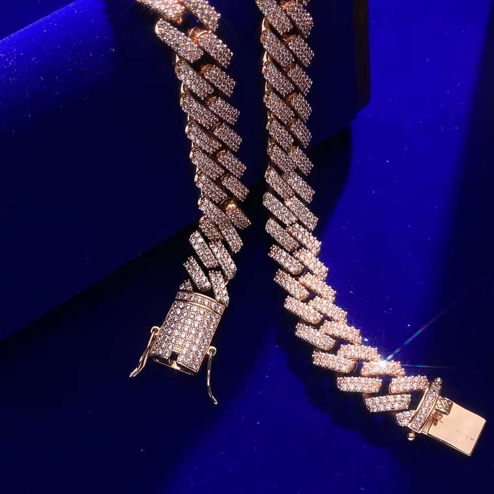 Hip Hop Men Jewelry Cuban Necklace Rose Gold Plated Moissanite Stone Setting Iced Out Cuban Link Chain for Women Men