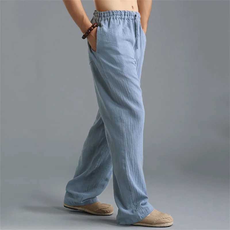 Summer mens solid color linen multi pocket straight casual pants plus large breathable and comfortable brushed loose pantsXJ250412