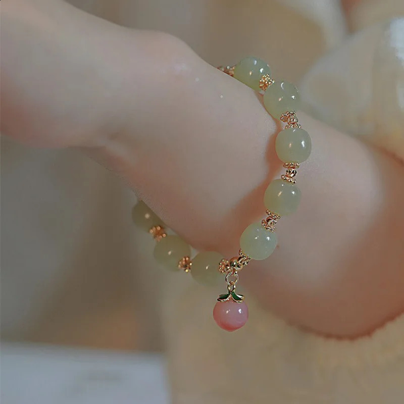 Natural Hetian Jade Bracelet Womens Pink Honey Peach Pendant Bead Bracelet Light Wedding Jewelry 250407