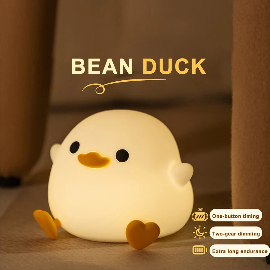 LED Night Light Cute Duck Cartoon Animal Silicone Light Childrens Touch Sensor Timer USB Charging Birthday Gift 250411