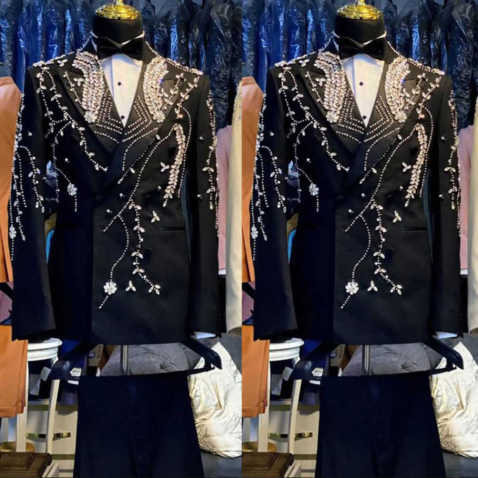 Luxury Beads Mens Tuxedos Beading Appliques Formal Party Birthday Groom Wear Customized Cosplay Outfits 2 Pieces