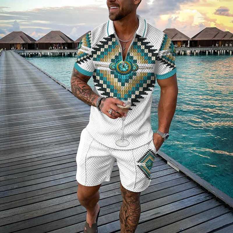 Zipper polo shirt 2-piece set for holidays and summer new mens 3D printed beach style casual clothing oversized and high-qualityXJ250412