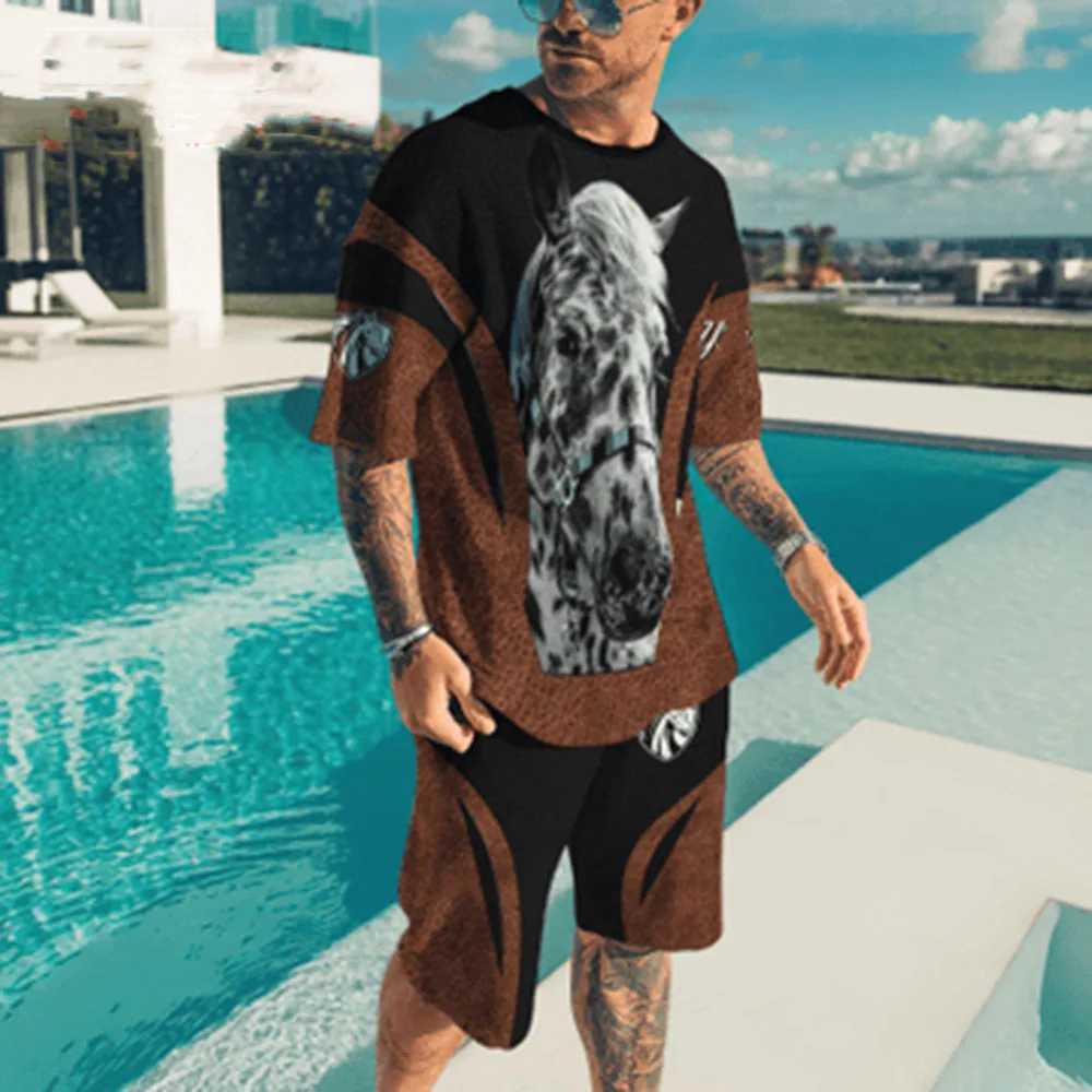 Mens sportswear T-shirt 2PK set pants closed style summer 3D printed animal short sleeved set streetXJ250412