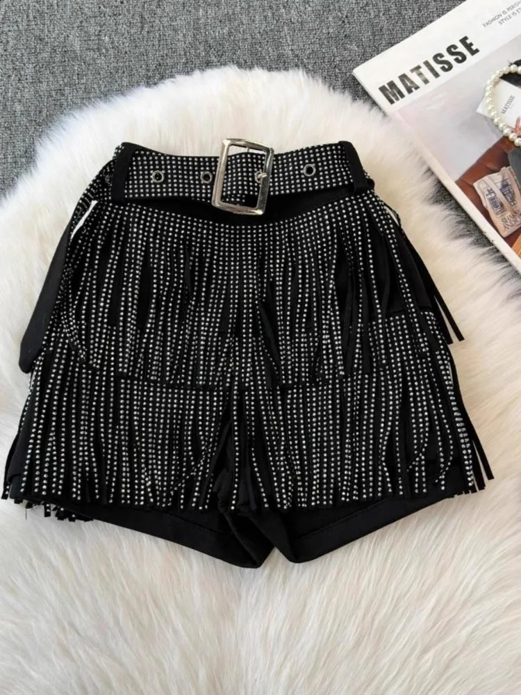 Fashion Y2k Tassel Shorts Black Diamond Korean Sexy High Waist Trendy Party Night Shop Costume Dance Pants Women 250411