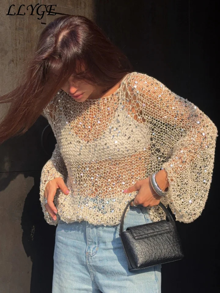 Fashion Womens Sequins Knit Hollow Out Pullovers Loose O-neck Long Sleeve Female Sweaters 2025 Spring Lady Shinny Chic Shirts 250411