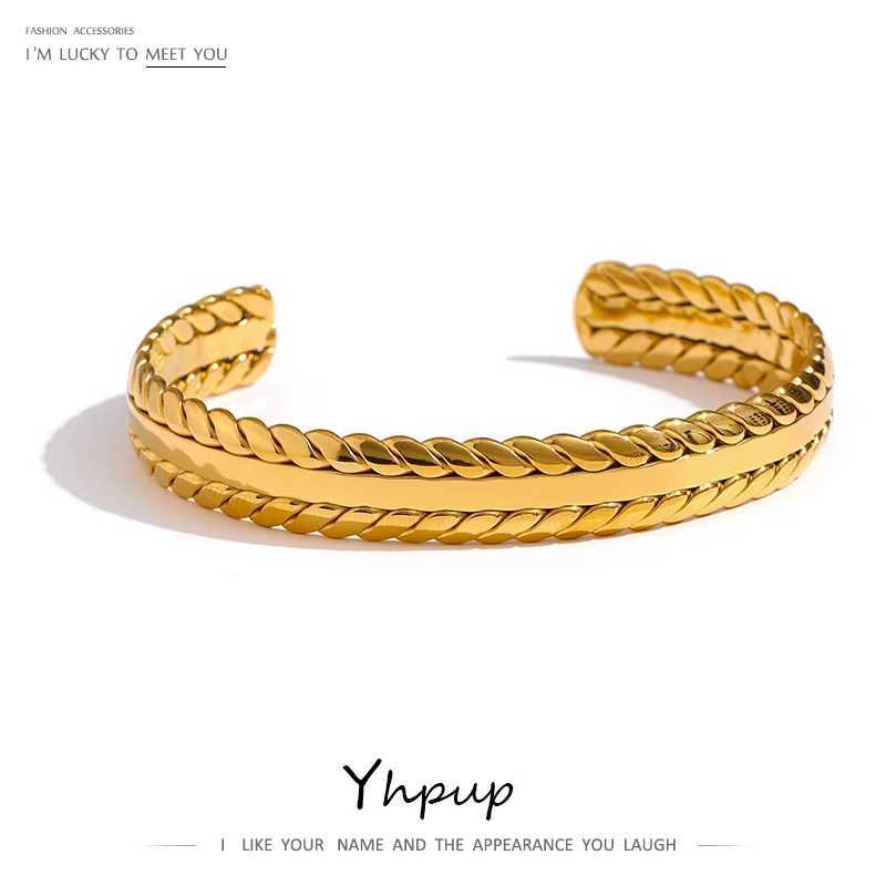 Yhpup 316L Stainless Steel Leaves Bangle Bracelet Minimalist Metalic Golden 18 K Cuff Bracelet Waterproof Jewelry Party GiftC250411