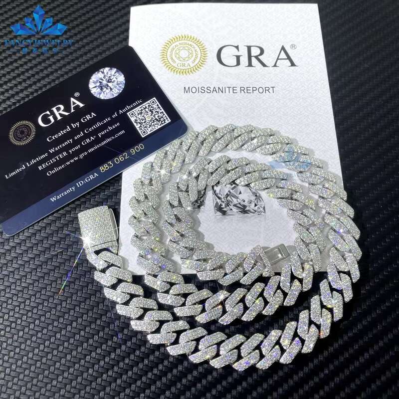 Full VVS Moissanite Design Custom Iced Out Cuban Chain 12mm 2Row 925 Sterling Silver Diamond Cuban Necklace Hip Hop Jewelry