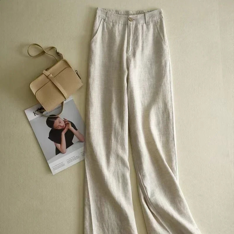 Fashion Cotton Linen Pants Women Elegant High Waist White Wide Leg Trouser Woman Casual Baggy Straight Streetwear Pants 250411