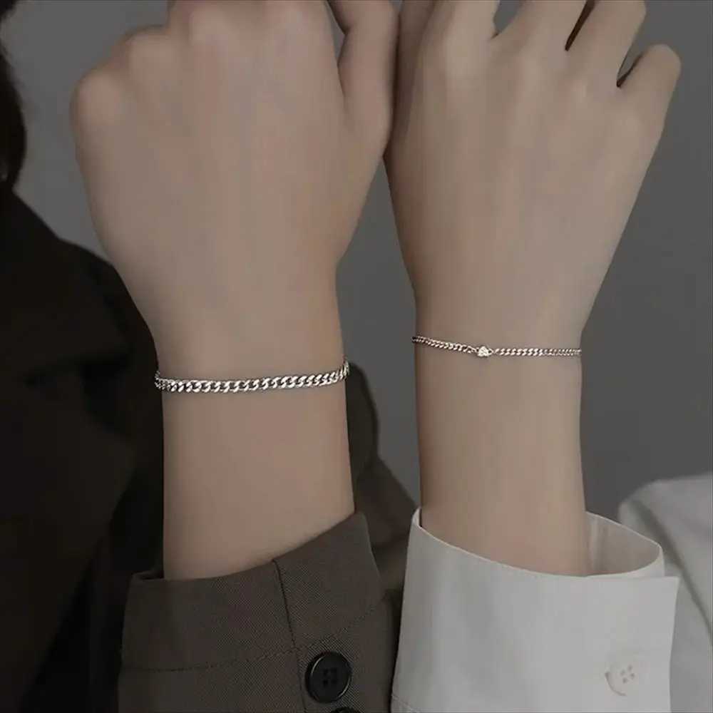 2PCS Simple Fashion Stainless Steel Bracelet Set for Couple Unisex Women Men Lover Crystal Heart Silvery Chain Bracelets JewelryC250411