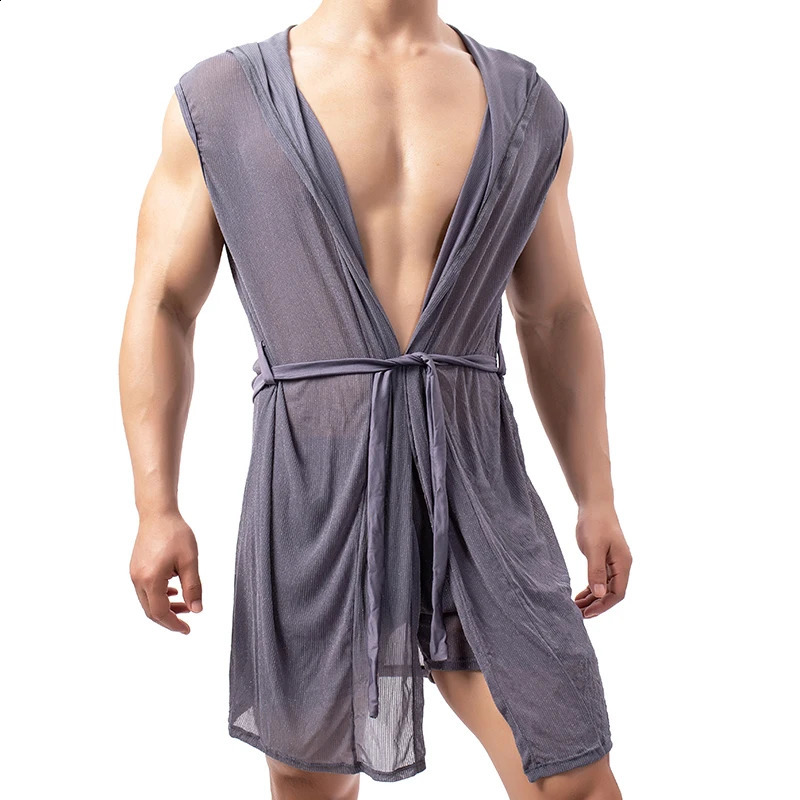 Men Sexy Pajamas Sleepwear Silk Pijama Hombre Hooded Bathrobe Men Bath Summer Dress Bath Robe 250409
