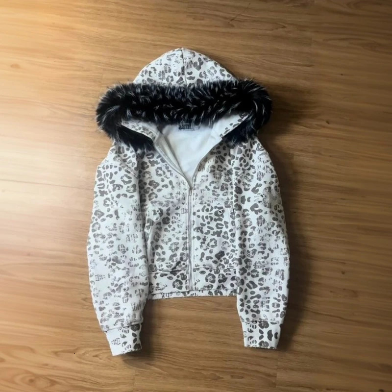 Y2K American Retro Zip Up Hoodies Printed Leopard Fur Collar Sweatshirt Gothic Hip Hop Fashion Streetwear Unisex Boxy Clothing 251112