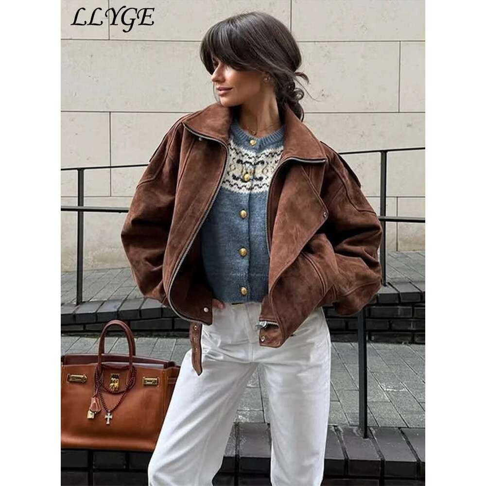 Designer Clothes Street Women's Belt Short Suede Jackets Loose Lapel Full Sleeve Zipper Female Coats 2025 Spring Lady Vintage Patchwork Outwear