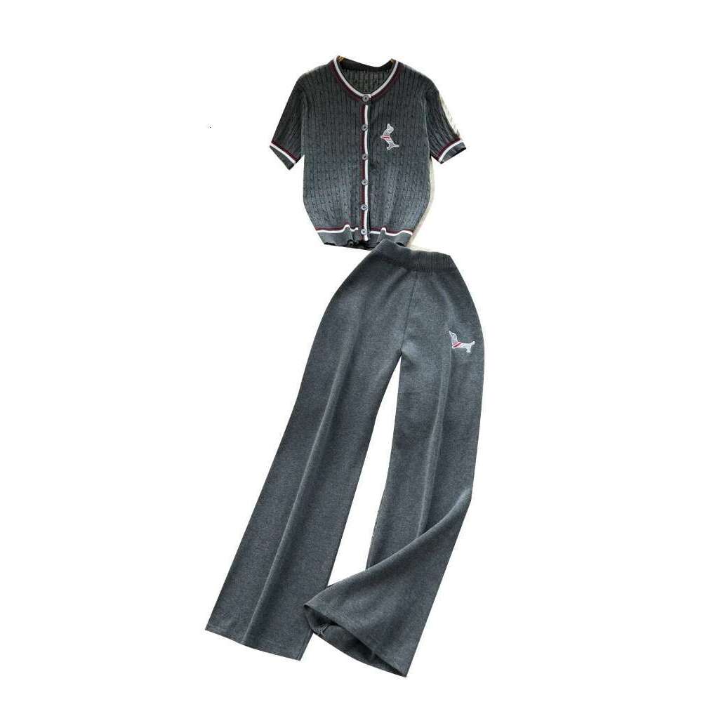Summer Causal Fashion 2Pc Set Korean Style Knitting Suits Women Puppy Embroidery Color Block Tops+Wide Legs Long Pants