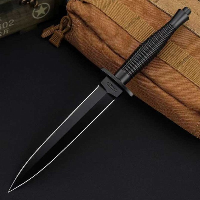 11.22 Inches Fixed Blade Knife AUS-10 Black Oxide Double Action Blade Full Tang Steel Handle Outdoor Tactical Knives with Leather Sheath