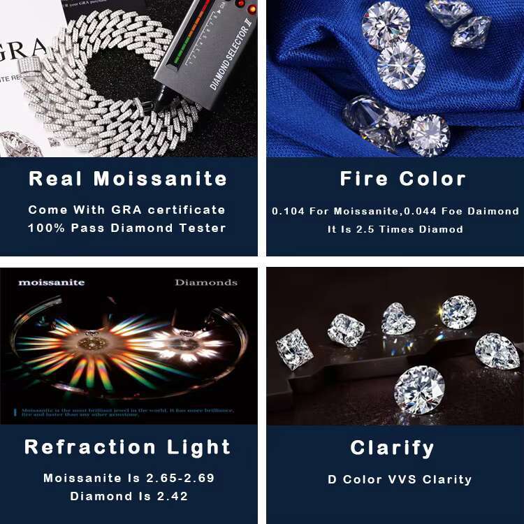 Rapper HipHop Necklace Pass Diamond Tester VVS Moissanite Diamond Heavy 13mm Wide 2Rows S925 Solid Silver Cuban Link Chains