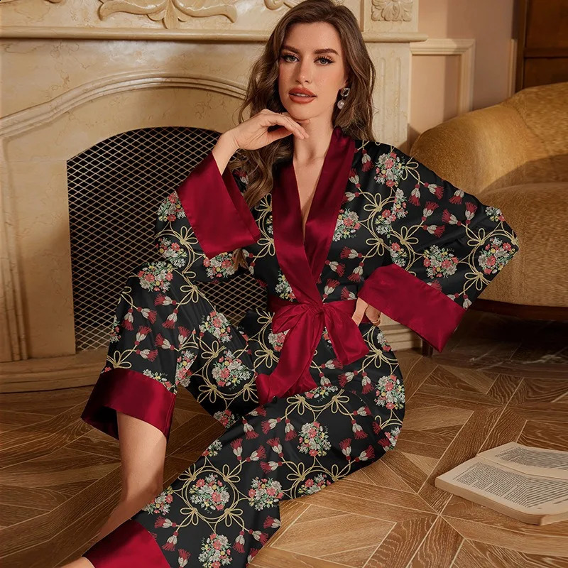 Ice Silk Pajamas Suit Autumn Summer Womens Long-sleeved Set Fashion Style Homewear Female Two-piece Sleepwear Female 250411