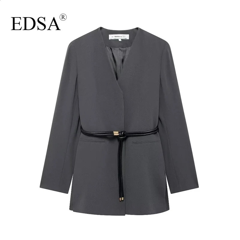 EDSA Womens Belt Jacket Long Sleeve Shoulder Pads Vneck Office Coat 250407