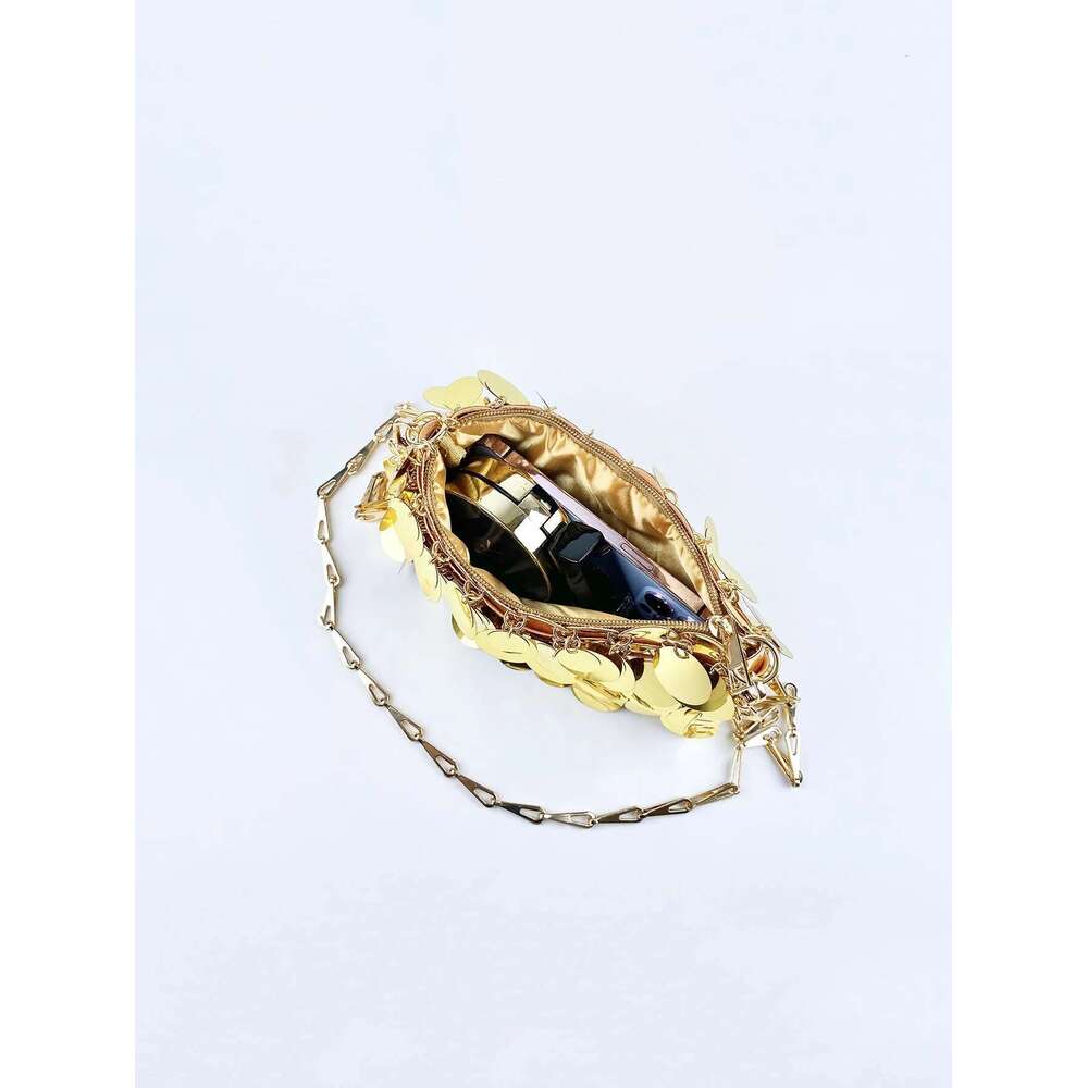 Trendy cool gold glitter chain, women's fashionable and simple texture, horizontal square bag, personalized bag