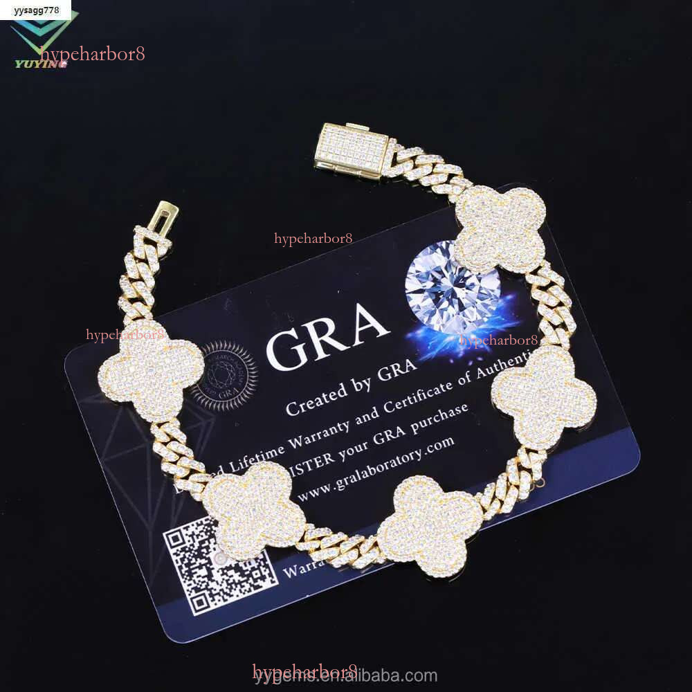 Yu Ying Clover Gold Sterg Sier VVS Moissanite Cuban k Chain Bracelet for Hip Hop Jewelry